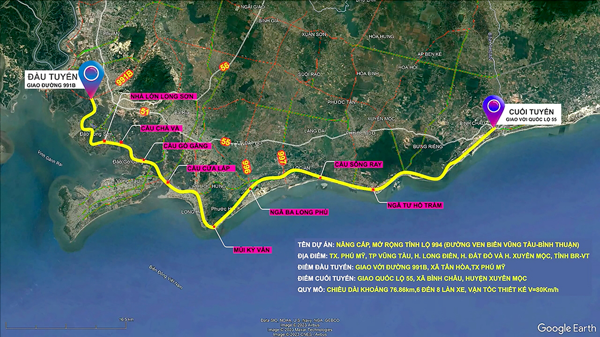 Bản đồ định tuyến đường ven biển Vũng Tàu-Bình Thuận (ĐT 994).