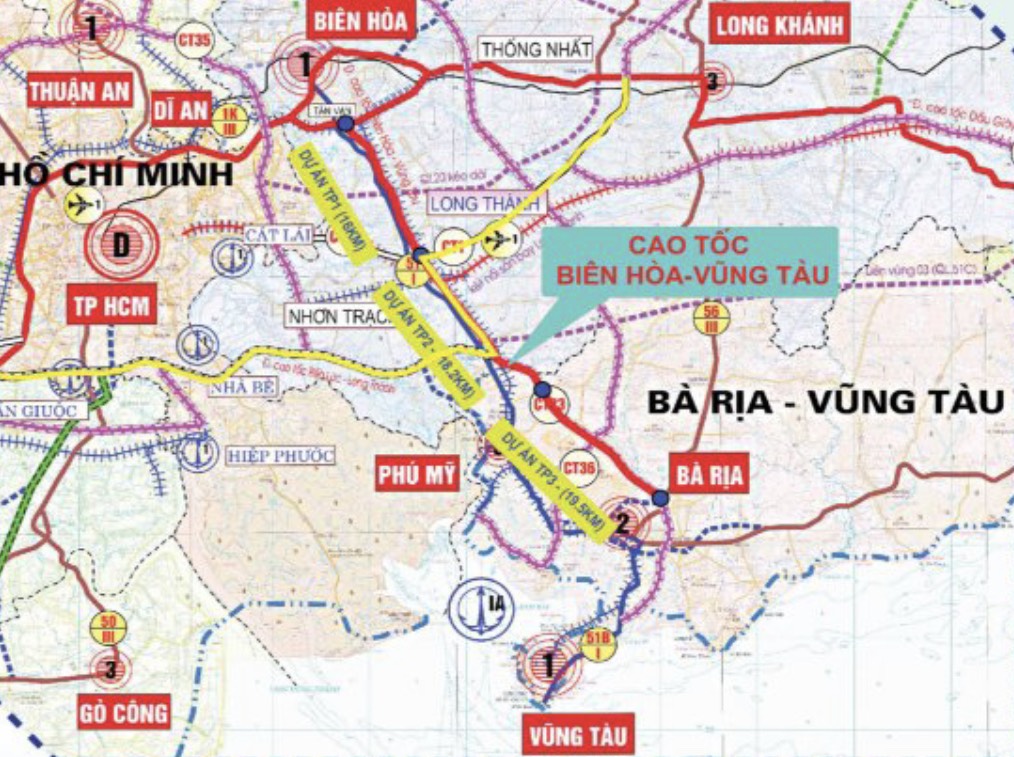 Sơ đồ hướng tuyến, đường cao tốc Biên Hòa-Vũng Tàu. 